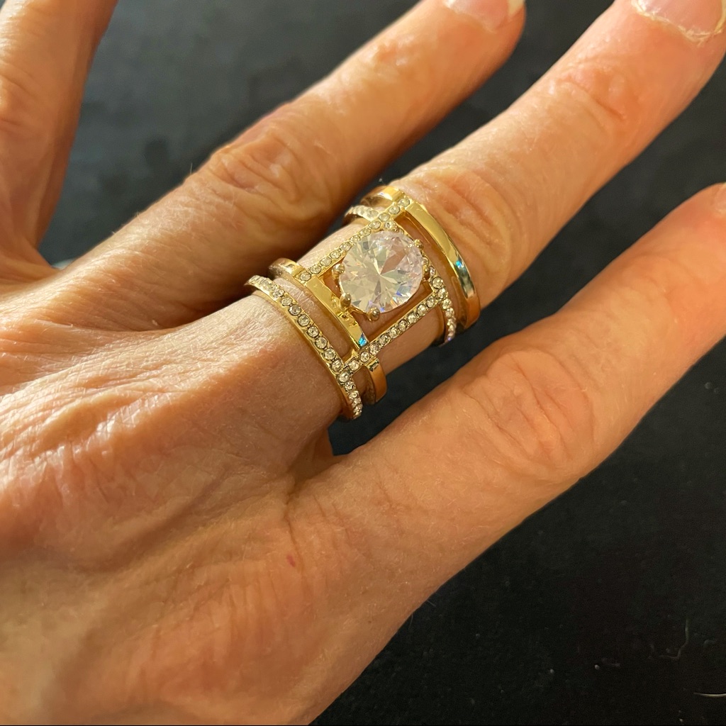Gold-Tone Two-Tier Ring With Pave And Oval Solitaire Cz Size 7